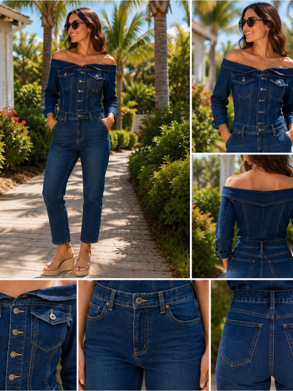 VENUS Dark Blue Wash Off-Shoulder High-Rise Denim Jumpsuit Size 10 Stretch Jean